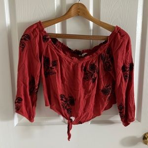 LA Hearts Red Embroidered Floral Off Shoulder Cropped Top Size Medium